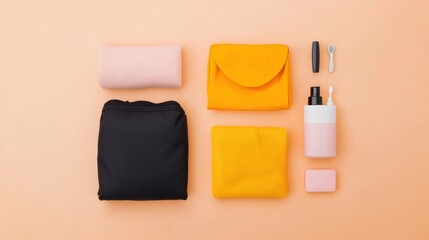 Organized Accessories in Soft Pastel Colors on a Peach Background