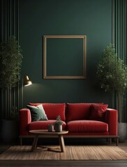 Mockup frame in dark green home interior with red sofa, table and decor