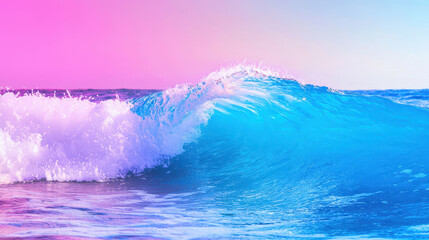 Vibrant wave crashing against shore, showcasing shades of blue and pink in serene ocean setting. scene evokes sense of tranquility and beauty