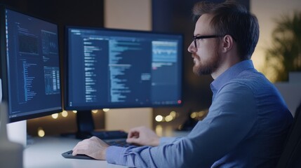 Professional Programmer Working Late at Night with Computer Screens