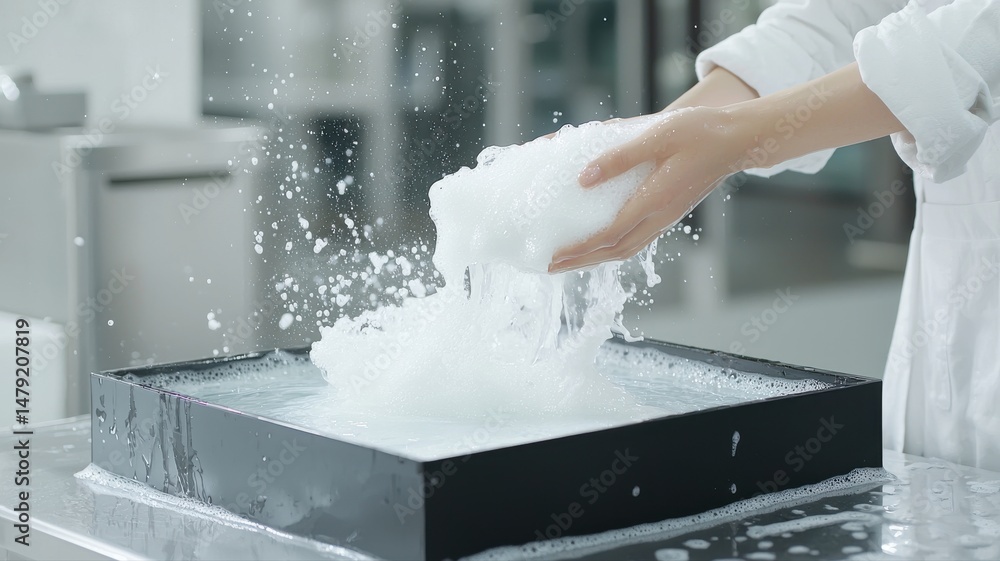 Poster hands scooping foam in a laboratory experiment hands foam experiment laboratory bubbles liquid tray