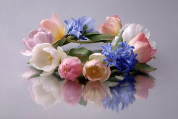 Floral wreath arrangement with tulip and scilla flowers.