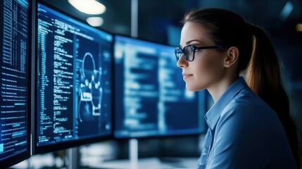 Woman Analyzing Data on Multiple Computer Screens in Dark Room