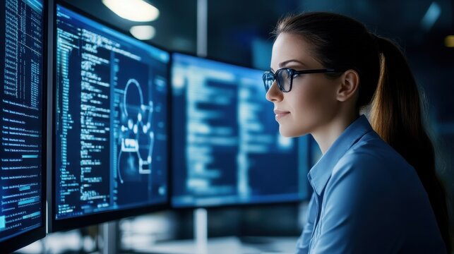 Woman Analyzing Data on Multiple Computer Screens in Dark Room