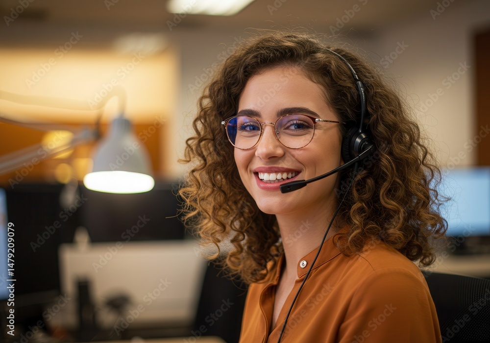 Poster smiling woman with headset working in a call center environment with computer