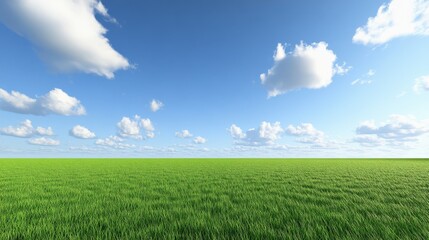 Obraz premium Lush Green Grass Landscape Under Clear Bright Blue Sky with Clouds