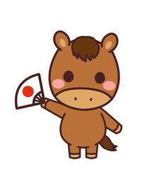 扇子を持った馬のかわいいキャラクター　イラスト素材