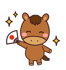 扇子を持った馬のかわいいキャラクター　イラスト素材