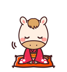 着物を着た馬のかわいいキャラクター　女の子　お辞儀　イラスト素材