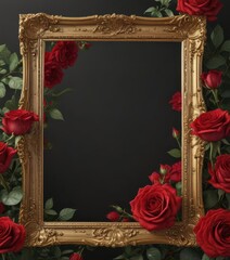 Elegant gold frame surrounding a close-up of blooming red roses,  blossom,  detail,  summer