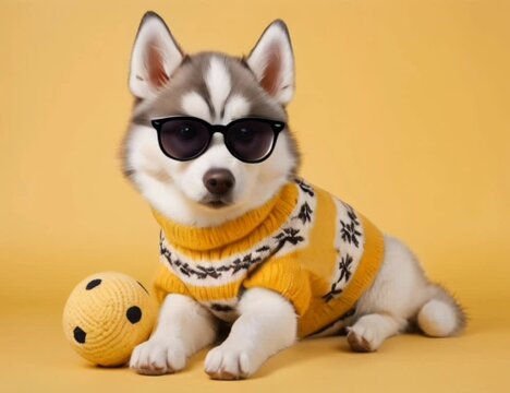 siberian dog wearing sunglasses and a sweater on yellow background