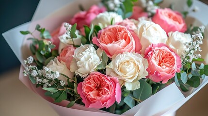 A beautifully arranged bouquet of roses and peonies wrapped in delicate paper.