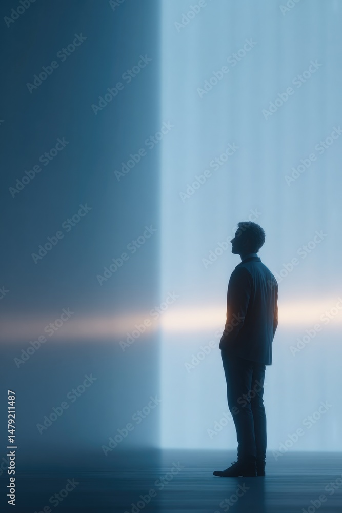 Poster minimalistic photo of business professional interacting with large touchscreen display for modern pr