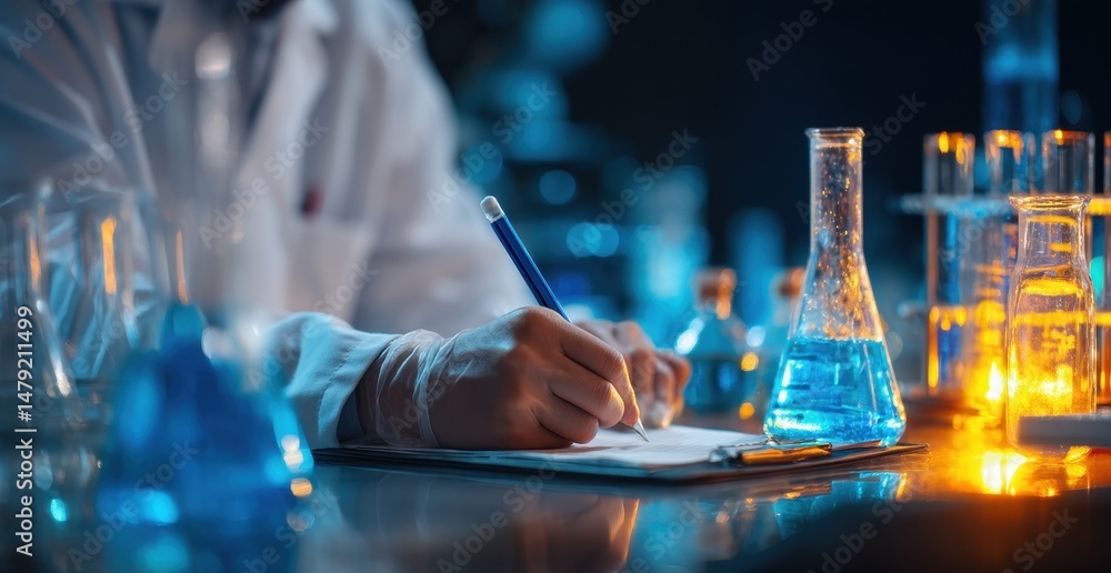 Aufkleber a scientist records notes in a laboratory setting.