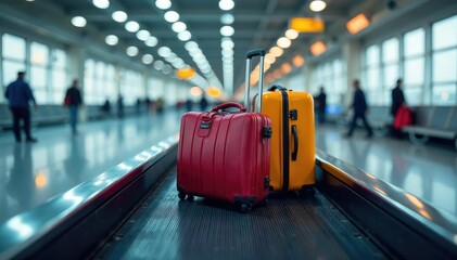 Oversized luggage on airport conveyor belt, various suitcases and bags , overhead, luggage