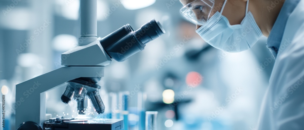 Aufkleber focused scientist examining a microscope in a lab setting.