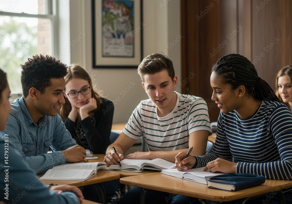 Poster group of students are studying together at a table in the classroom environment
