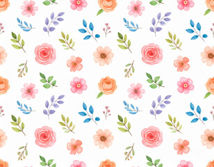 Beautiful floral pattern featuring watercolor roses, pink flowers, and green leaves, creating vibrant and cheerful design perfect for various creative projects