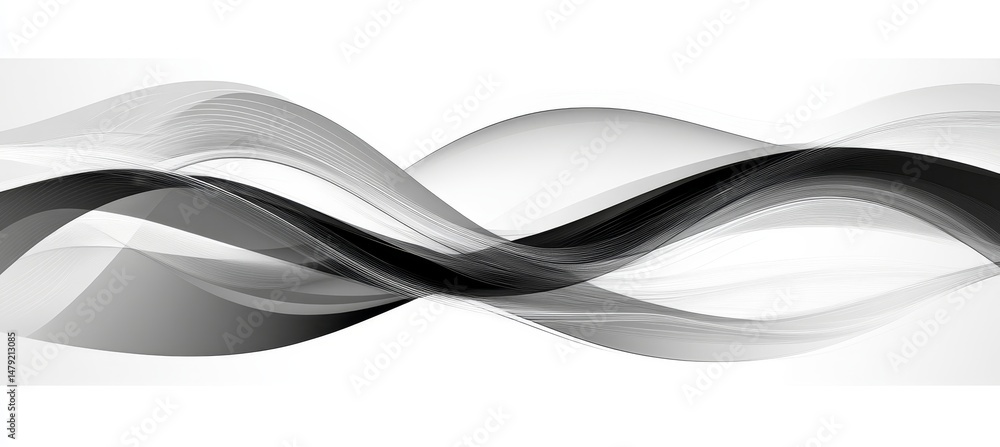 Poster abstract silver and black monochrome flowing dynamic waves on a delicate gradient, fluid shape.
