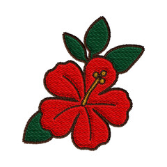  Embroidered hibiscus flower clipart with red petals and green leaves. A classic tropical blossom ideal for floral decor and exotic summer graphics