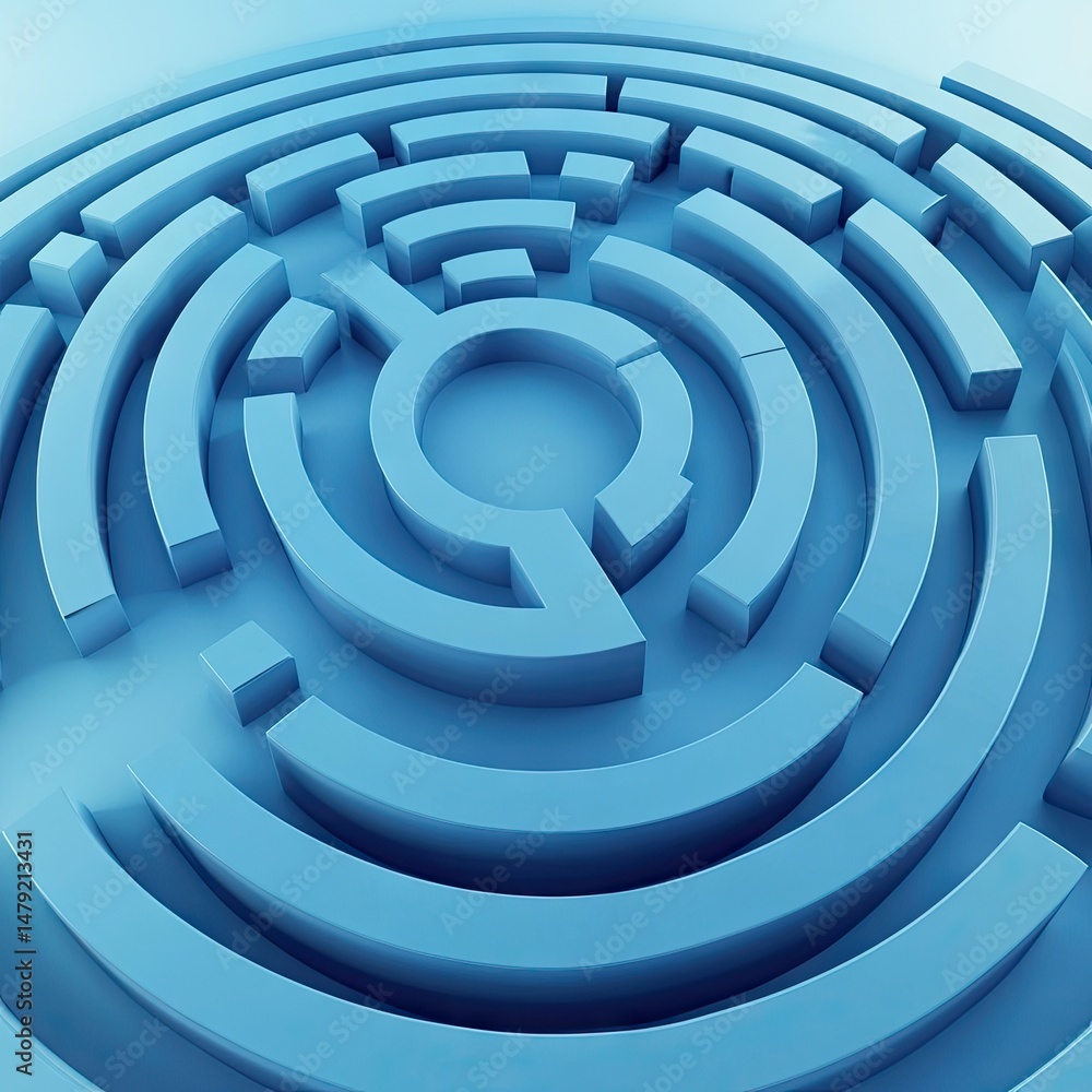 Poster a complex. circular maze design in soothing blue tones. symbolizing challenge and navigation. ideal 