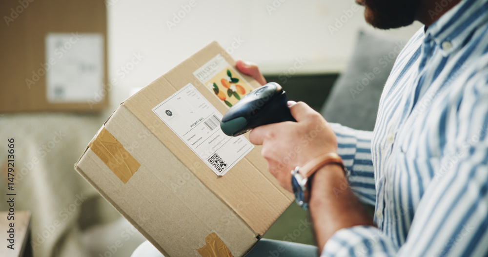 Poster hands, small business and man with package, scanner and machine for quality control. closeup, entrep