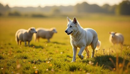 Obraz premium Sheepdog attentively herding sheep in a field, canine, working animals, wool