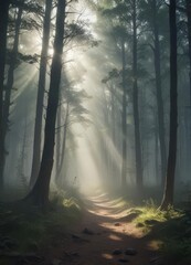Obraz premium Sunbeams pierce misty forest, creating vibrant light shafts , depth, fog