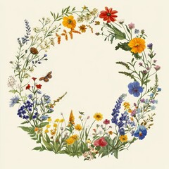 Colorful floral wreath design with various wildflowers.