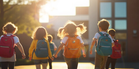 Educational background. Back to school of a group of students and the idea of walking to school in the morning light