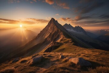 Naklejka premium mountain landscape during the tranquil moments of sunset