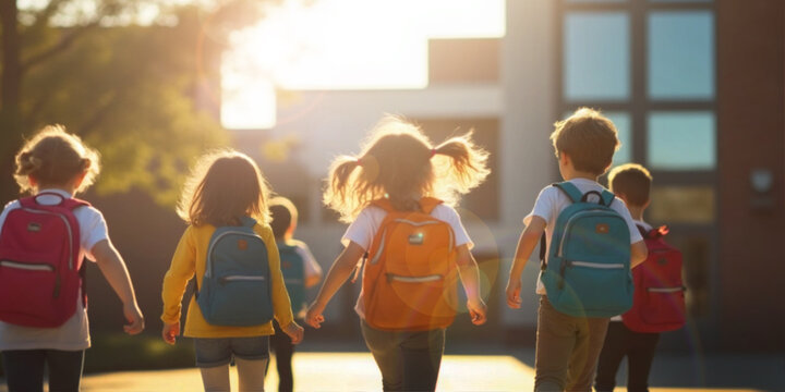 Educational background. Back to school of a group of students and the idea of walking to school in the morning light
