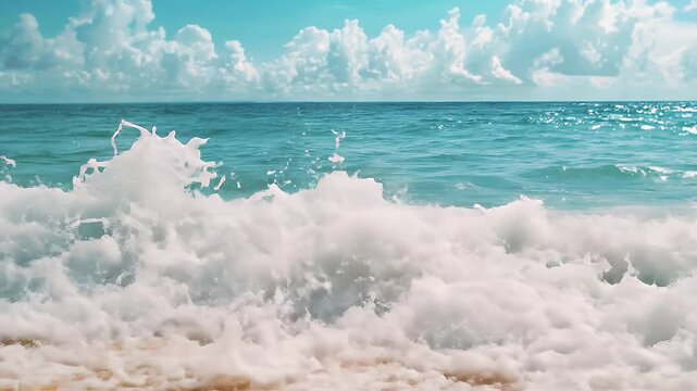 Beautiful Turquoise Ocean Wave Crashing on a Sandy Beach with a Blue Sky Background