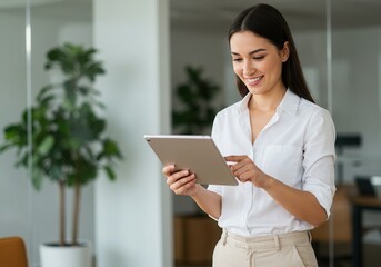 Smiling woman using a tablet device in a bright modern office environment with a plant