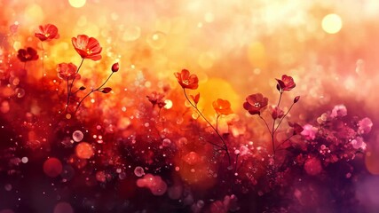 Red flowers bokeh, warm sunset hues, autumnal feel