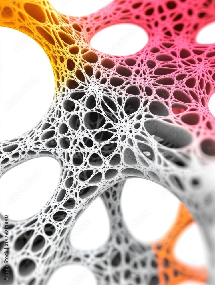 Poster abstract 3d render of complex network structure with gradient color transition from yellow to pink, 
