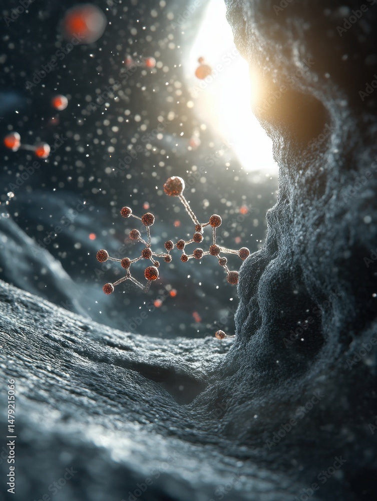 Poster molecular structures floating in a microscopic world with light shining through a cave opening abstr