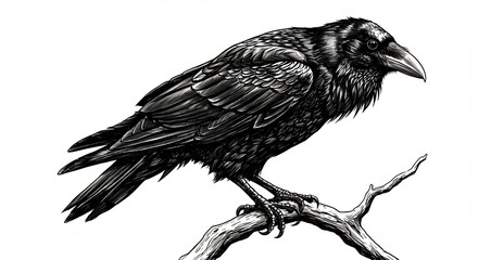 Fototapeta premium Intricate black and white raven drawing perched serenely on a weathered branch.. AI Generated