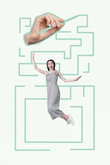 Art image vertical photo collage of happy girl stand labirynth ponder idea exit finding dilemma...