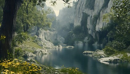 Serene mountain river flowing through a lush valley.