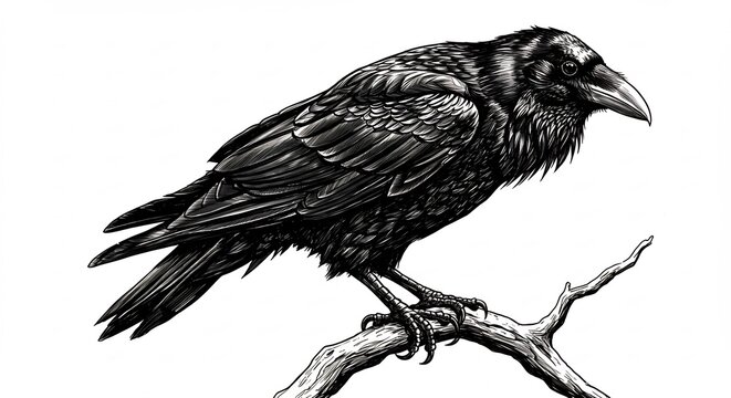 Intricate black and white raven drawing perched serenely on a weathered branch.. AI Generated