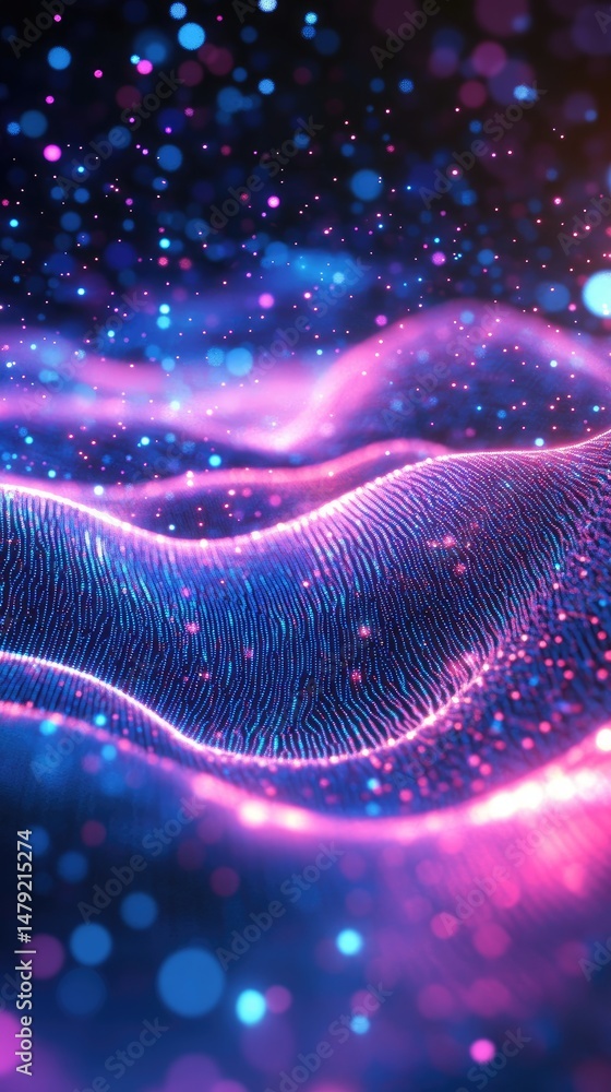 Poster a mesmerizing abstract representation of flowing waves in vibrant purple and blue hues. illuminated 