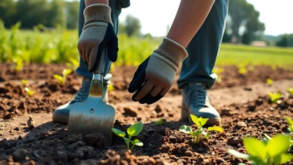 Fototapeta premium Garden bed care in rural farm with visible gloves and tools