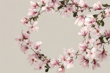 Obraz premium Delicate magnolia blossoms form a circular frame against a muted backdrop.