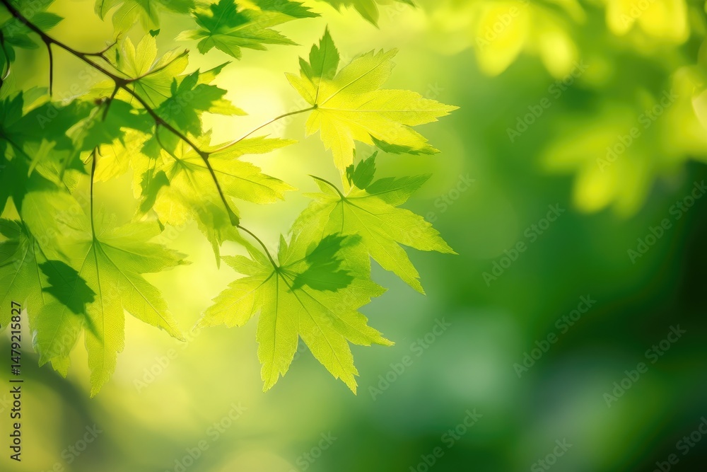 Poster a serene view of vibrant green maple leaves gently swaying in a soft breeze. illuminated by sunlight