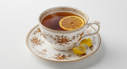 Warm inviting teacup glows softly elegant floral pattern lemon slice adds zest. AI Generated