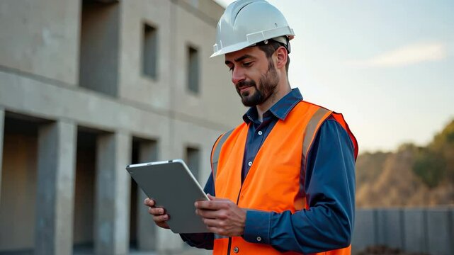 Construction engineer using tablet on building site inspecting construction project