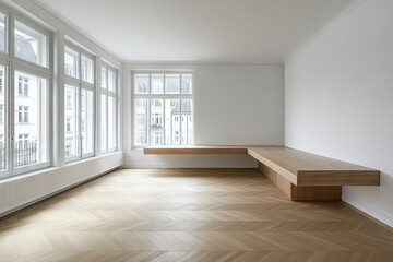 Fototapeta premium A minimalist interior scene featuring a wooden table in a sunlit room with elegant molding. showcasing a serene atmosphere and empty walls. ideal for design inspiration