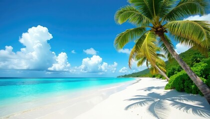 White sand, palm trees swaying gently in breeze, idyllic, island