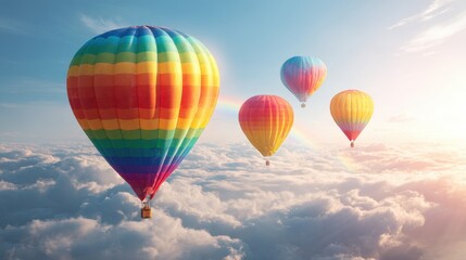 Fototapeta premium Colorful Hot Air Balloons Soaring Over Cloudy Sky Creating a Stunning Aerial View with Vibrant Colors and Natural Beauty in Morning Light